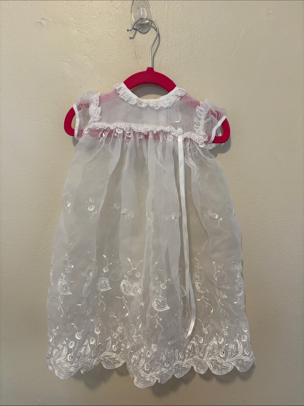 C.I. Castro White Sheer Embroidered Baby Dress with Pink Hanger